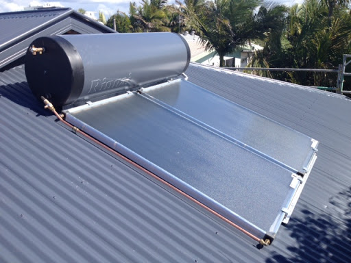 Solar hot water system installed on a corrugated roof in Bribie Island