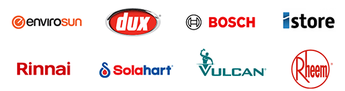 Logos of popular hot water systems brands available on Bribie Island