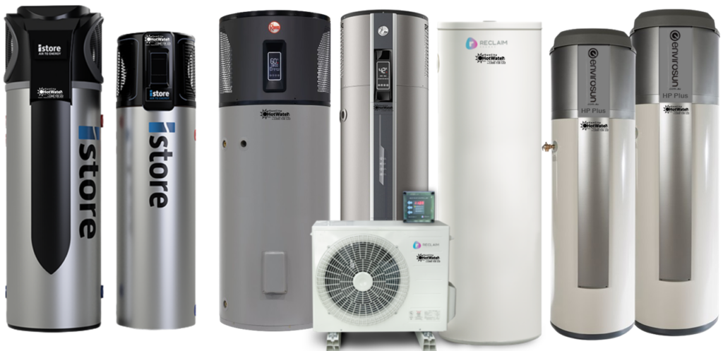 Line-up of heat pump hot water systems and heaters suitable for Bribie Island homes