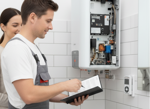 Technician servicing a wall-mounted hot water system in a Bribie Island home