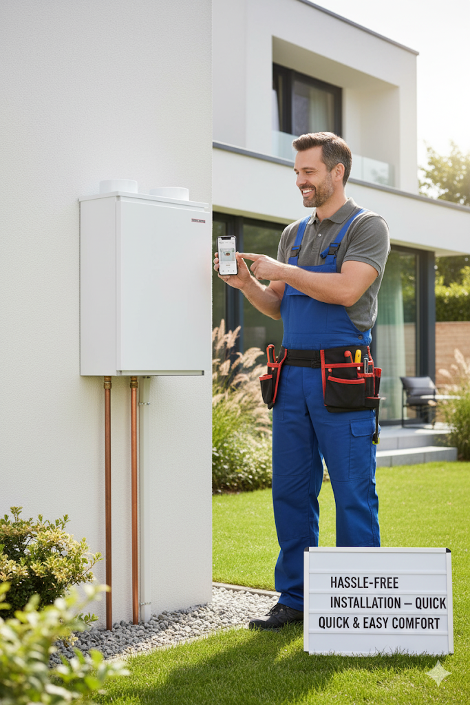 Technician installs an outdoor hot water system at a Bribie Island home, checking settings on a smartphone.