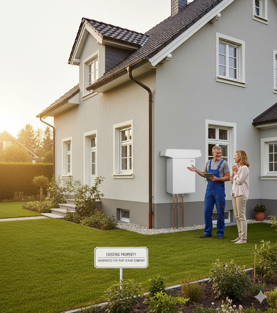 Technician explaining an outdoor hot water system installation at a Bribie Island home.