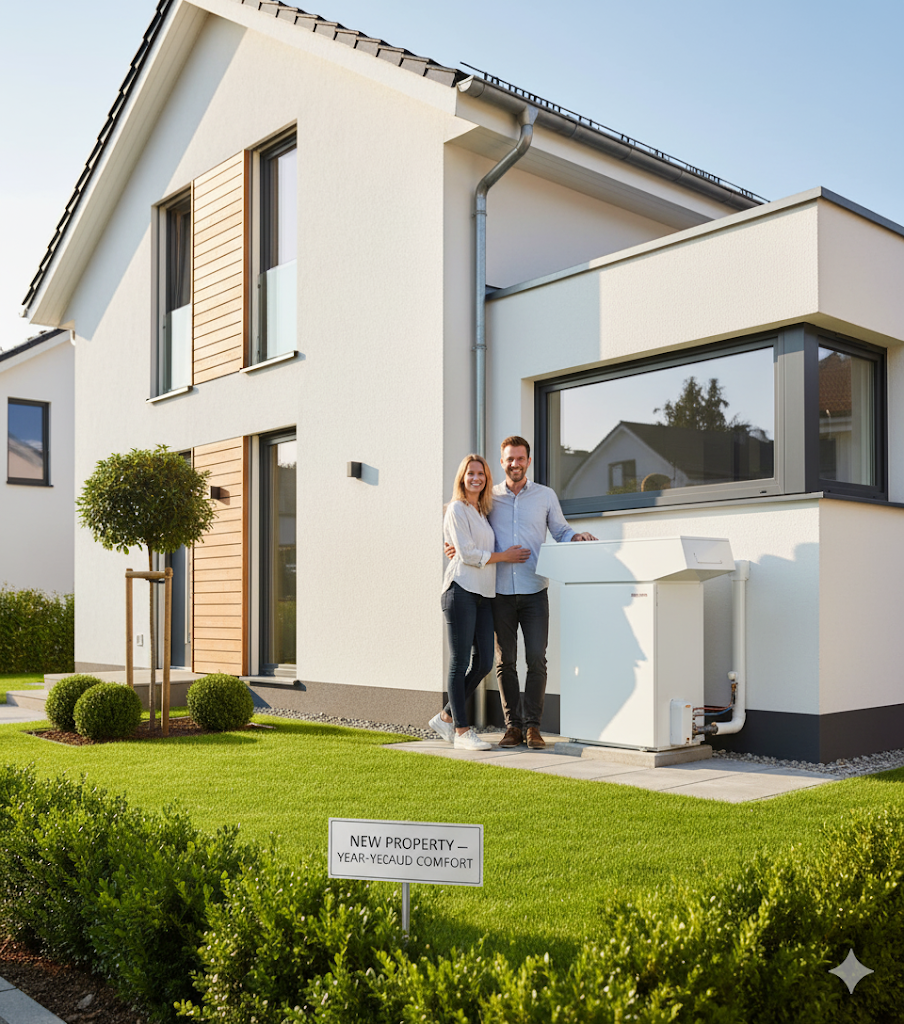 Couple beside outdoor hot water system at a new Bribie Island home